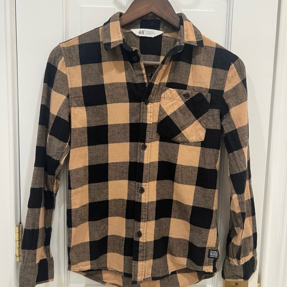 H&M Boys Black Tan Buffalo Plaid Flannel Shirt Size 11-12